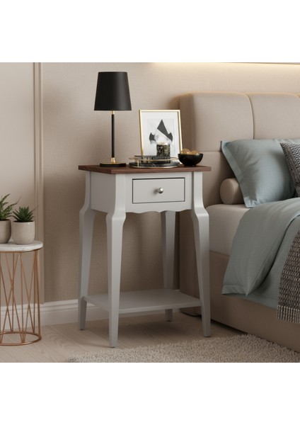 Masif Konik Açık Gri Ceviz Raflı Komodin - Mini Dresuar