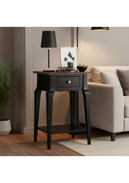 Masif Konik Siyah Ceviz Raflı Yan Sehpa - Saksılık