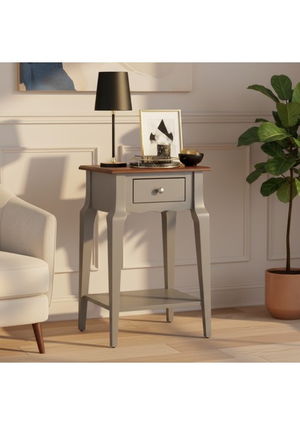 Masif Konik Gri Ceviz Raflı Yan Sehpa - Saksılık