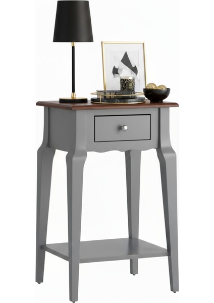 Masif Konik Gri Ceviz Raflı Yan Sehpa - Saksılık modelleri