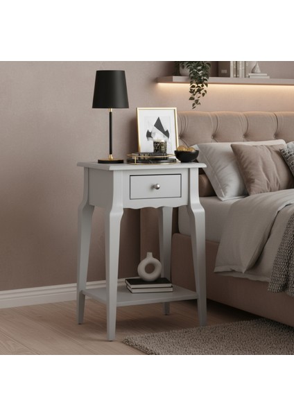 Masif Konik Açık Gri Raflı Komodin - Mini Dresuar