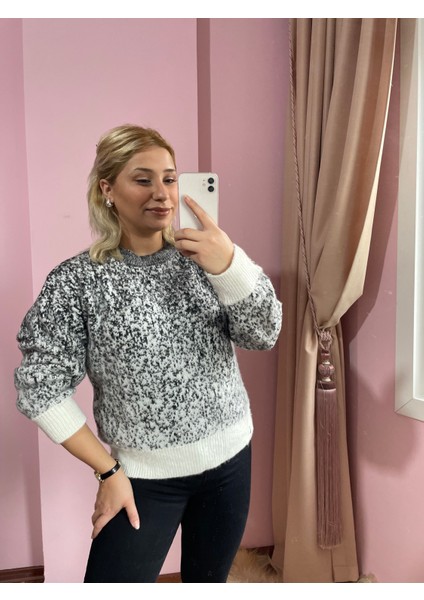 Kadın Gri Bisiklet Yaka Taşlı Kazak modelleri