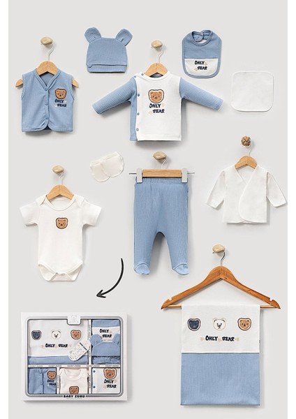 Erkek Bebek 0-3 Ay Organik Pamuk Only Bear Nakışlı 10 Lu Premium Set