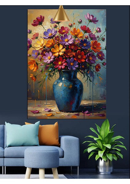 Renkli Çiçekler Mavi Vazo Sanat Dekoratif Kanvas - Mdf Ahşap Tablo fiyatları