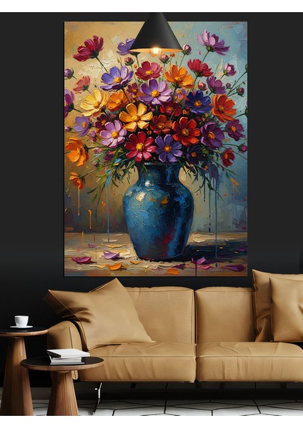 Renkli Çiçekler Mavi Vazo Sanat Dekoratif Kanvas - Mdf Ahşap Tablo modelleri