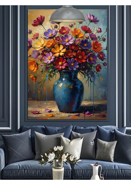 Renkli Çiçekler Mavi Vazo Sanat Dekoratif Kanvas - Mdf Ahşap Tablo indirimleri