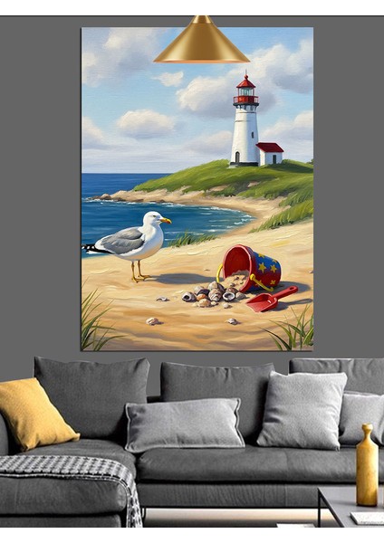 Deniz Feneri ve Sahildeki Martı Dekoratif Kanvas - Mdf Ahşap Tablo