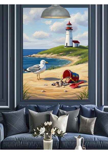 Deniz Feneri ve Sahildeki Martı Dekoratif Kanvas - Mdf Ahşap Tablo fiyatları
