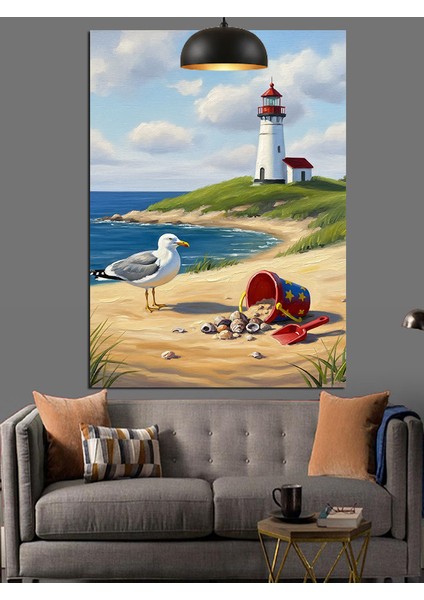 Deniz Feneri ve Sahildeki Martı Dekoratif Kanvas - Mdf Ahşap Tablo modelleri