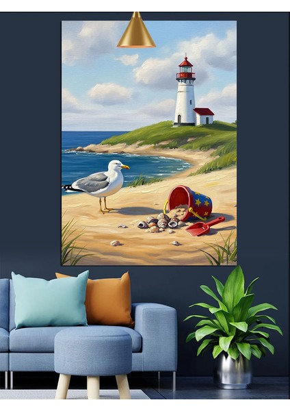 Deniz Feneri ve Sahildeki Martı Dekoratif Kanvas - Mdf Ahşap Tablo fırsatları