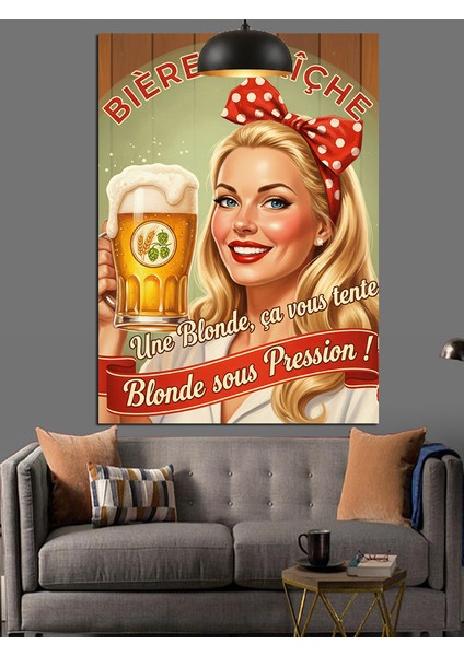 Retro Sarışın Kadın Bira Afişi Dekoratif Kanvas - Mdf Ahşap Tablo