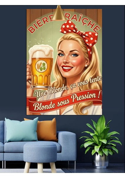 Retro Sarışın Kadın Bira Afişi Dekoratif Kanvas - Mdf Ahşap Tablo fiyatları