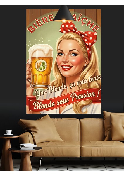 Retro Sarışın Kadın Bira Afişi Dekoratif Kanvas - Mdf Ahşap Tablo modelleri
