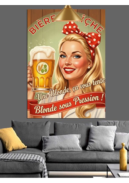 Retro Sarışın Kadın Bira Afişi Dekoratif Kanvas - Mdf Ahşap Tablo fırsatları