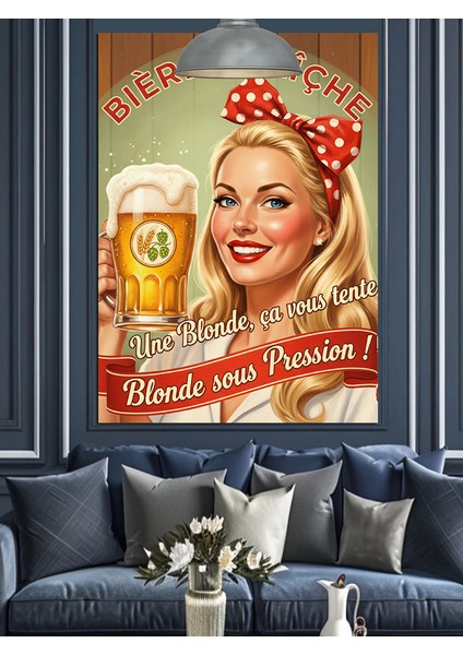 Retro Sarışın Kadın Bira Afişi Dekoratif Kanvas - Mdf Ahşap Tablo indirimleri