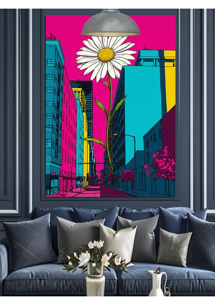 Neon Renkli Şehir Sokağındaki Beyaz Papatya Dekoratif Kanvas - Mdf Ahşap Tablo