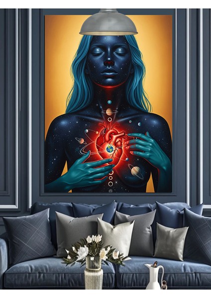 Mavi Kadın Bedeninde Kırmızı Kalp ve Gezegenler Dekoratif Kanvas - Mdf Ahşap Tablo