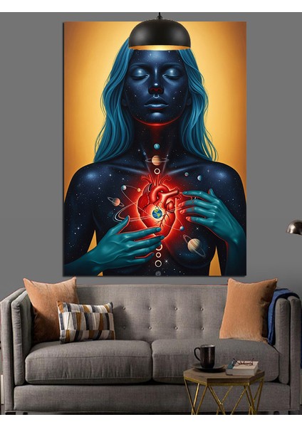 Mavi Kadın Bedeninde Kırmızı Kalp ve Gezegenler Dekoratif Kanvas - Mdf Ahşap Tablo fiyatları