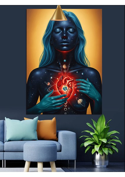Mavi Kadın Bedeninde Kırmızı Kalp ve Gezegenler Dekoratif Kanvas - Mdf Ahşap Tablo modelleri