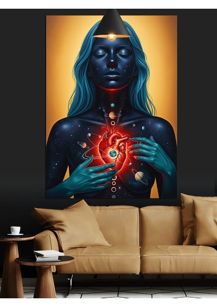 Mavi Kadın Bedeninde Kırmızı Kalp ve Gezegenler Dekoratif Kanvas - Mdf Ahşap Tablo fırsatları