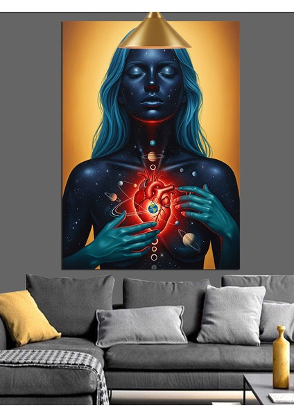 Mavi Kadın Bedeninde Kırmızı Kalp ve Gezegenler Dekoratif Kanvas - Mdf Ahşap Tablo indirimleri