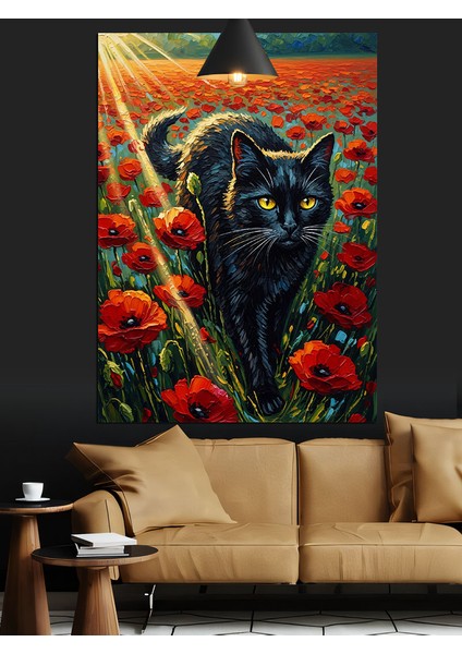Siyah Kedi Kırmızı Gelincikler Dekoratif Kanvas - Mdf Ahşap Tablo