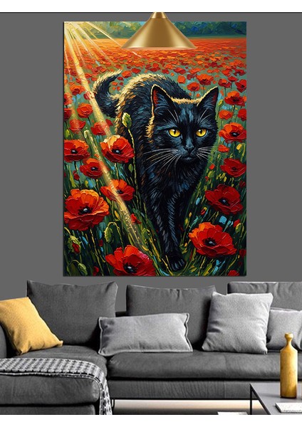 Siyah Kedi Kırmızı Gelincikler Dekoratif Kanvas - Mdf Ahşap Tablo fiyatları