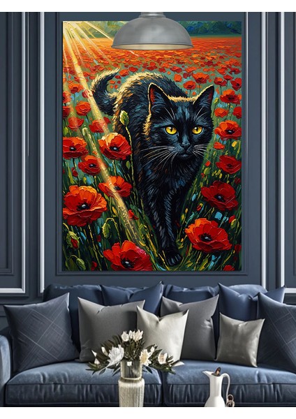 Siyah Kedi Kırmızı Gelincikler Dekoratif Kanvas - Mdf Ahşap Tablo modelleri