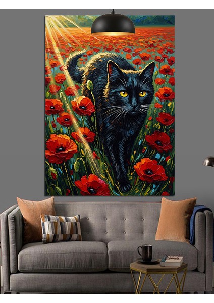 Siyah Kedi Kırmızı Gelincikler Dekoratif Kanvas - Mdf Ahşap Tablo fırsatları
