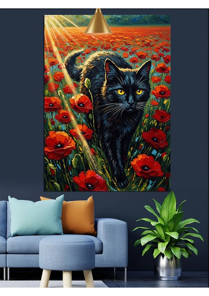Siyah Kedi Kırmızı Gelincikler Dekoratif Kanvas - Mdf Ahşap Tablo indirimleri