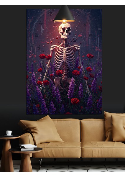 Kırmızı ve Mor Çiçekler Arasında Iskelet Dekoratif Kanvas - Mdf Ahşap Tablo