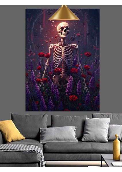 Kırmızı ve Mor Çiçekler Arasında Iskelet Dekoratif Kanvas - Mdf Ahşap Tablo fiyatları