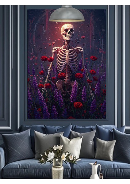 Kırmızı ve Mor Çiçekler Arasında Iskelet Dekoratif Kanvas - Mdf Ahşap Tablo modelleri