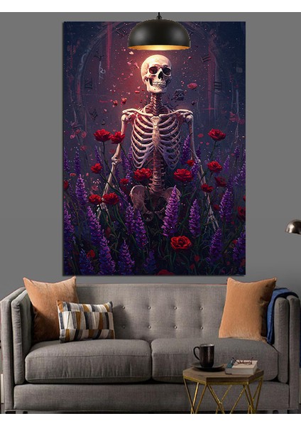 Kırmızı ve Mor Çiçekler Arasında Iskelet Dekoratif Kanvas - Mdf Ahşap Tablo fırsatları
