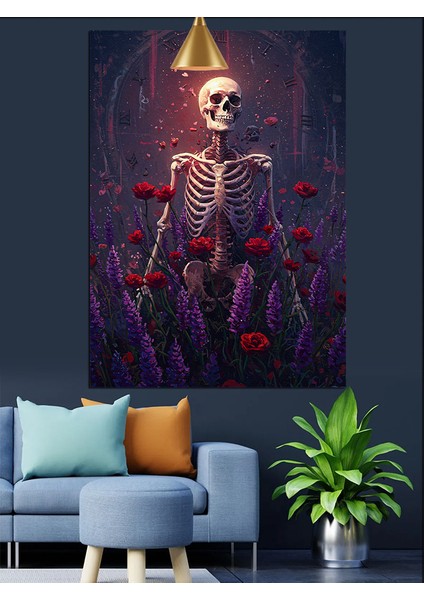Kırmızı ve Mor Çiçekler Arasında Iskelet Dekoratif Kanvas - Mdf Ahşap Tablo indirimleri