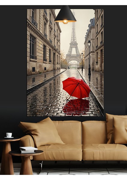 Eyfel Kulesi Paris Kırmızı Şemsiye Dekoratif Kanvas - Mdf Ahşap Tablo