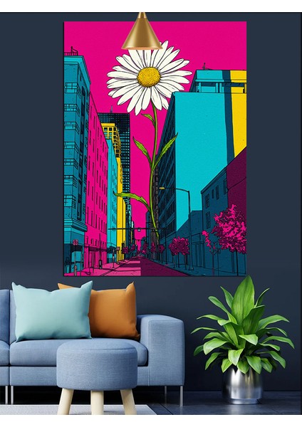 Neon Renkli Şehir Sokağındaki Beyaz Papatya Dekoratif Kanvas - Mdf Ahşap Tablo modelleri