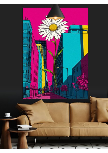 Neon Renkli Şehir Sokağındaki Beyaz Papatya Dekoratif Kanvas - Mdf Ahşap Tablo fırsatları