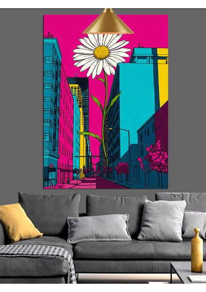 Neon Renkli Şehir Sokağındaki Beyaz Papatya Dekoratif Kanvas - Mdf Ahşap Tablo indirimleri
