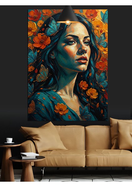 Mavi ve Turuncu Tonlarda Kadın Çiçek ve Kelebekler Dekoratif Kanvas - Mdf Ahşap Tablo modelleri