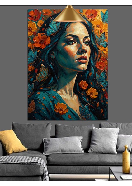 Mavi ve Turuncu Tonlarda Kadın Çiçek ve Kelebekler Dekoratif Kanvas - Mdf Ahşap Tablo fırsatları