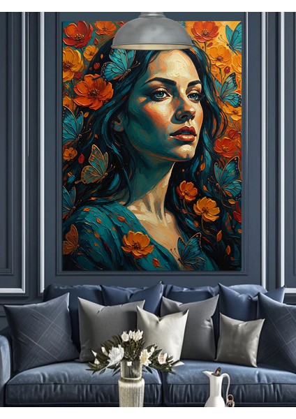 Mavi ve Turuncu Tonlarda Kadın Çiçek ve Kelebekler Dekoratif Kanvas - Mdf Ahşap Tablo indirimleri