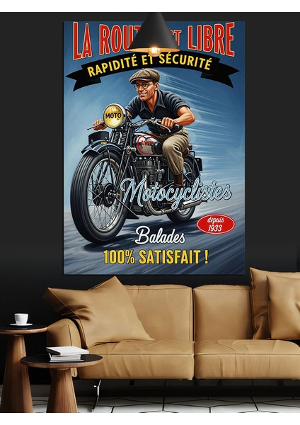 Motorcu Adam Klasik Motor Afişi Dekoratif Kanvas - Mdf Ahşap Tablo