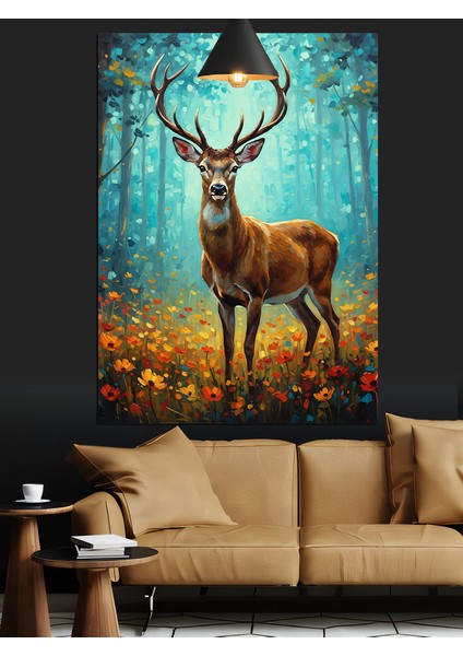 Ormanda Gelincikler Içindeki Boynuzlu Geyik Dekoratif Kanvas - Mdf Ahşap Tablo