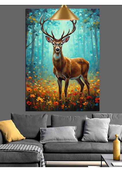 Ormanda Gelincikler Içindeki Boynuzlu Geyik Dekoratif Kanvas - Mdf Ahşap Tablo fiyatları
