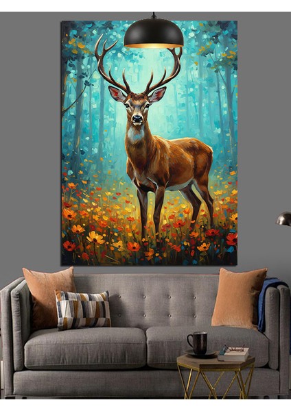 Ormanda Gelincikler Içindeki Boynuzlu Geyik Dekoratif Kanvas - Mdf Ahşap Tablo fırsatları