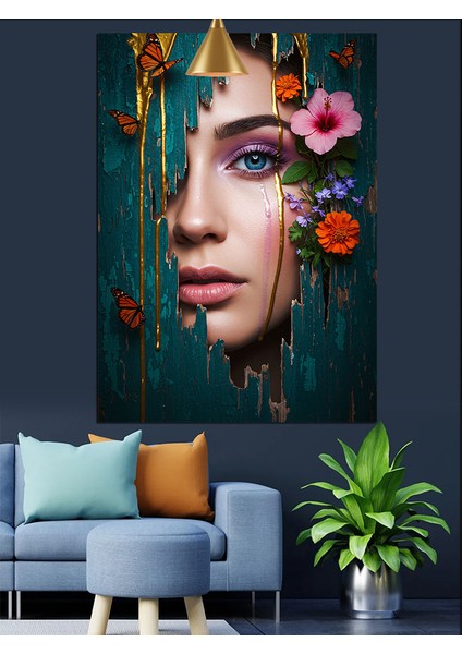 Mavi Gözlü Kadın Yüzü Çiçek Dekoratif Kanvas - Mdf Ahşap Tablo