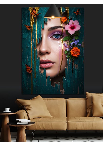 Mavi Gözlü Kadın Yüzü Çiçek Dekoratif Kanvas - Mdf Ahşap Tablo fiyatları