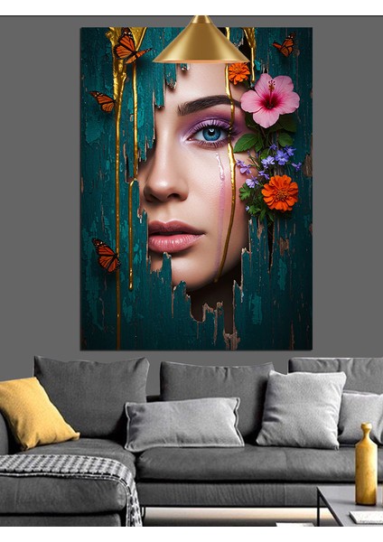 Mavi Gözlü Kadın Yüzü Çiçek Dekoratif Kanvas - Mdf Ahşap Tablo modelleri