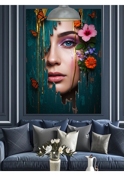 Mavi Gözlü Kadın Yüzü Çiçek Dekoratif Kanvas - Mdf Ahşap Tablo fırsatları